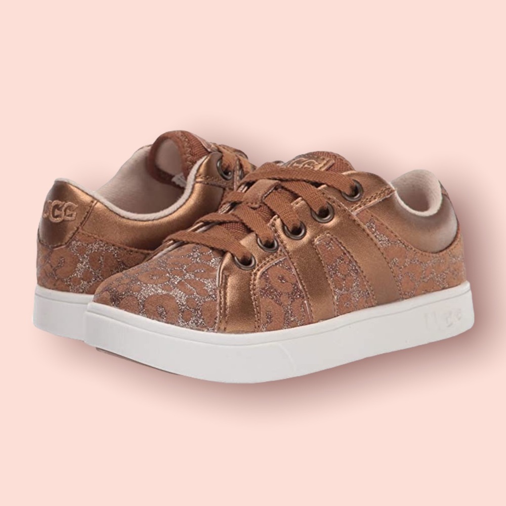 NWT UGG Kids Chestnut Brown Marcus Sneaker Leather Glitter Leopard Girls Unisex